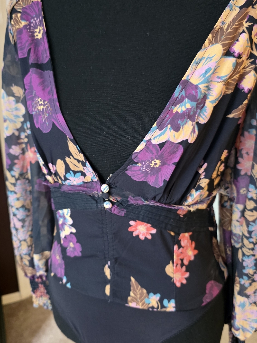 Free People NWT Floral Sheer Sleeve Bodysuit XS Whimsigoth Boho Gothic Top - Picture 2 of 8